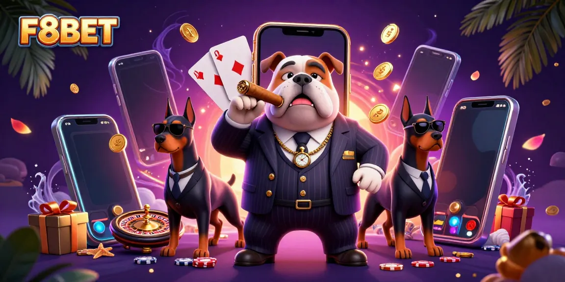 Experience the thrilling casino world with F8BET in this vibrant 3D illustration featuring a mafia bulldog and his bodyguards.