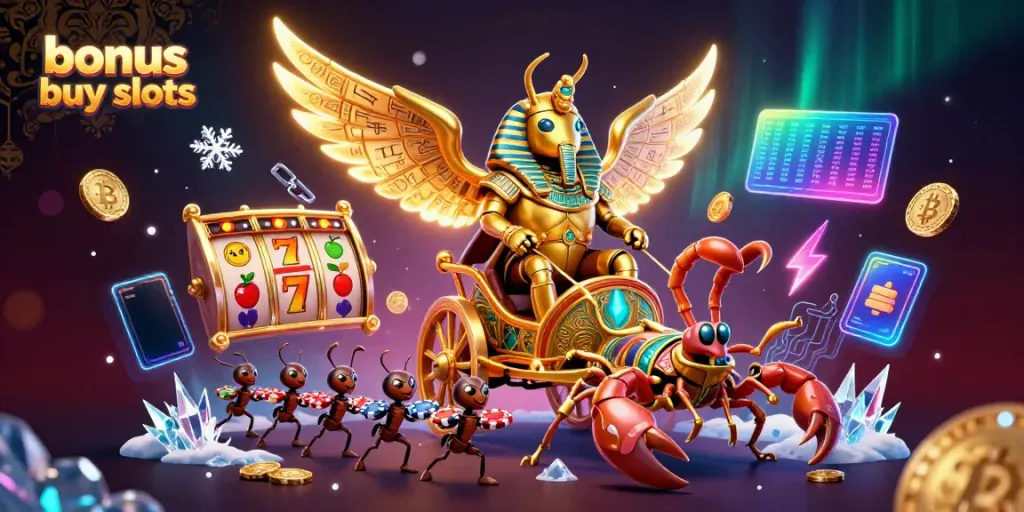 Engage in thrilling bonus buy slots action with illuminated characters and casino elements.