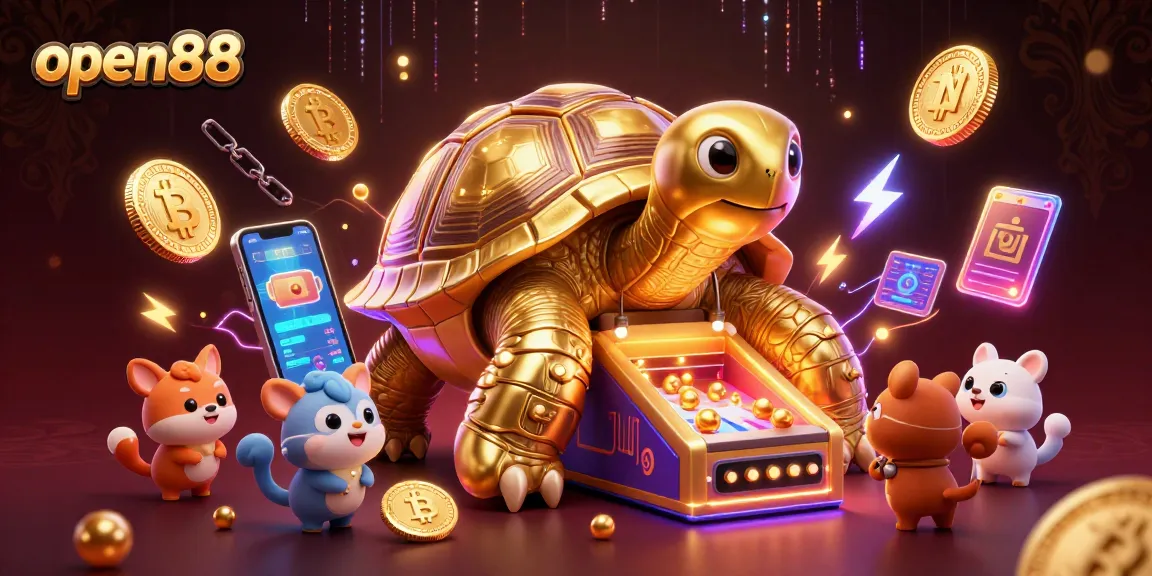 Experience open88's exciting gaming world with a colossal golden tortoise and dynamic crypto elements.