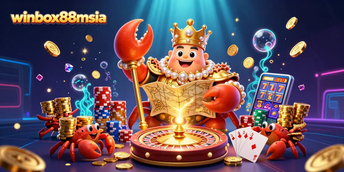 Experience the excitement of winbox88msia with a golden crab emperor surrounded by dynamic casino elements.