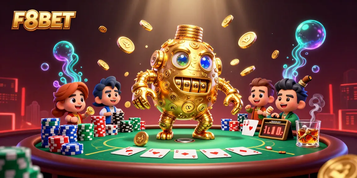 Experience dynamic F8BET action with vibrant poker elements in a rich casino scene.