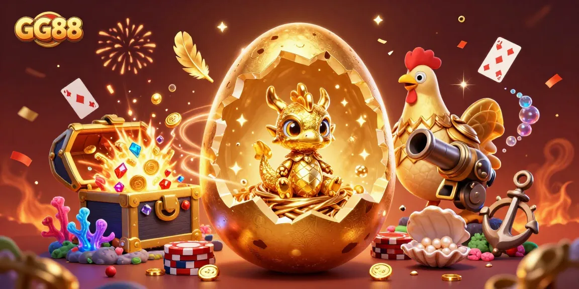 Join the excitement at GG88 with a golden dragon atop poker chips, surrounded by vibrant casino elements.