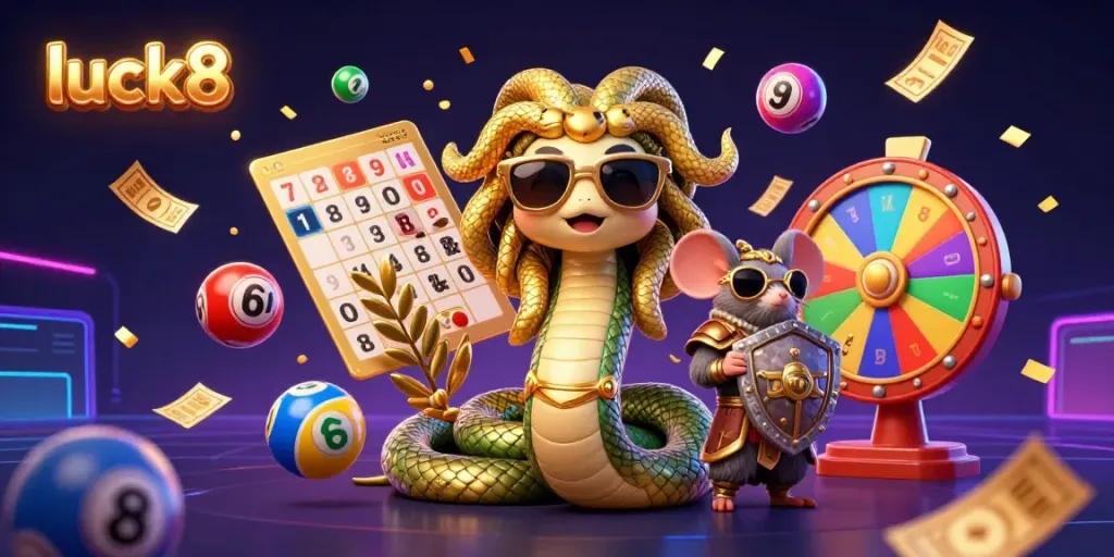 Engage with luck8's vibrant gaming scene featuring Medusa, a warrior mouse, and dynamic lottery elements.