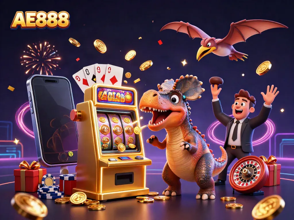 AE888 jackpot win with a dinosaur at a slot machine, capturing the excitement of casino gaming.
