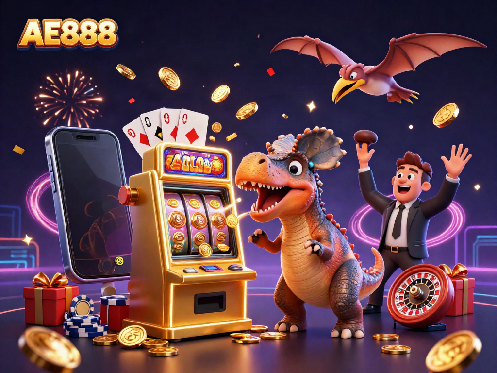 AE888 jackpot win with a dinosaur at a slot machine, capturing the excitement of casino gaming.