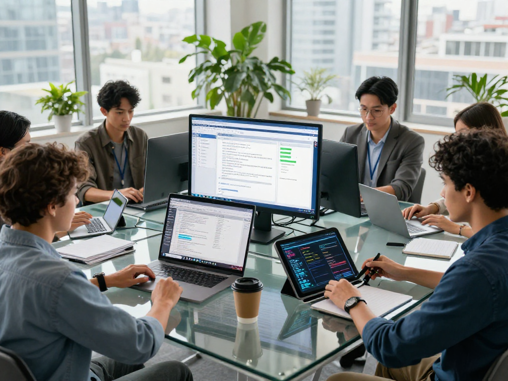 Document fraud detection in action, a collaborative team analyzing forensic data on modern devices in a tech-savvy office.