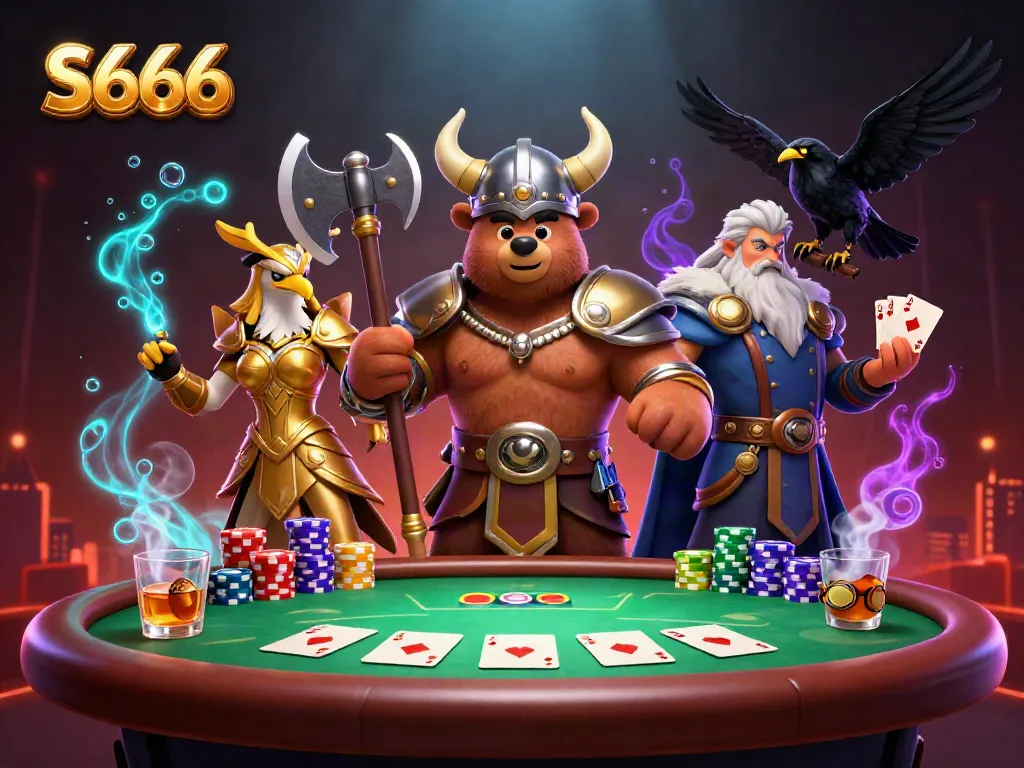 Experience the thrill with S666, highlighting a Viking bear and Valkyrie eagle over poker stakes.