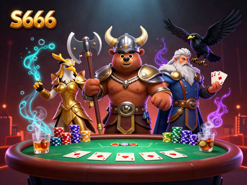 Experience the thrill with S666, highlighting a Viking bear and Valkyrie eagle over poker stakes.