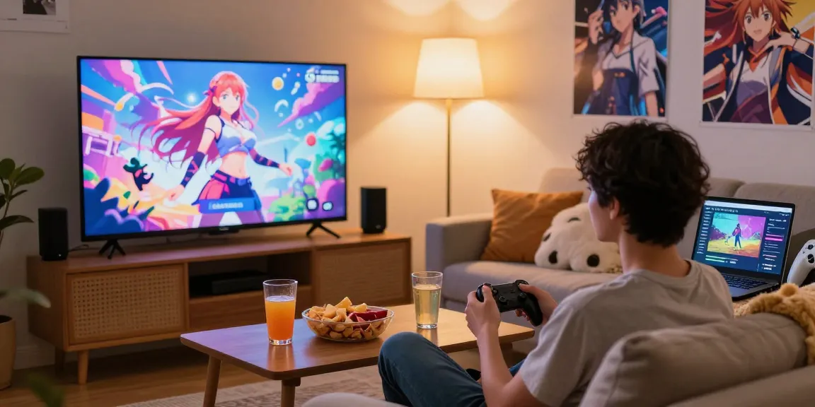 Player enjoying a free hentai game in a cozy living room gaming setup.
