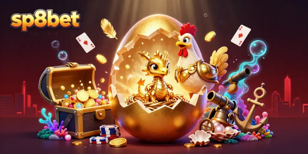 Experience the thrill at sp8bet with a golden dragon and poker chips in a vibrant casino scene.
