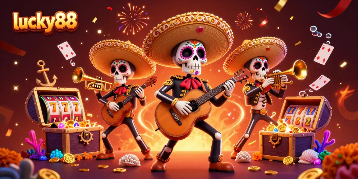 Experience the lucky88 slot game with vibrant mariachi skeletons, gold coins, and festive decorations.