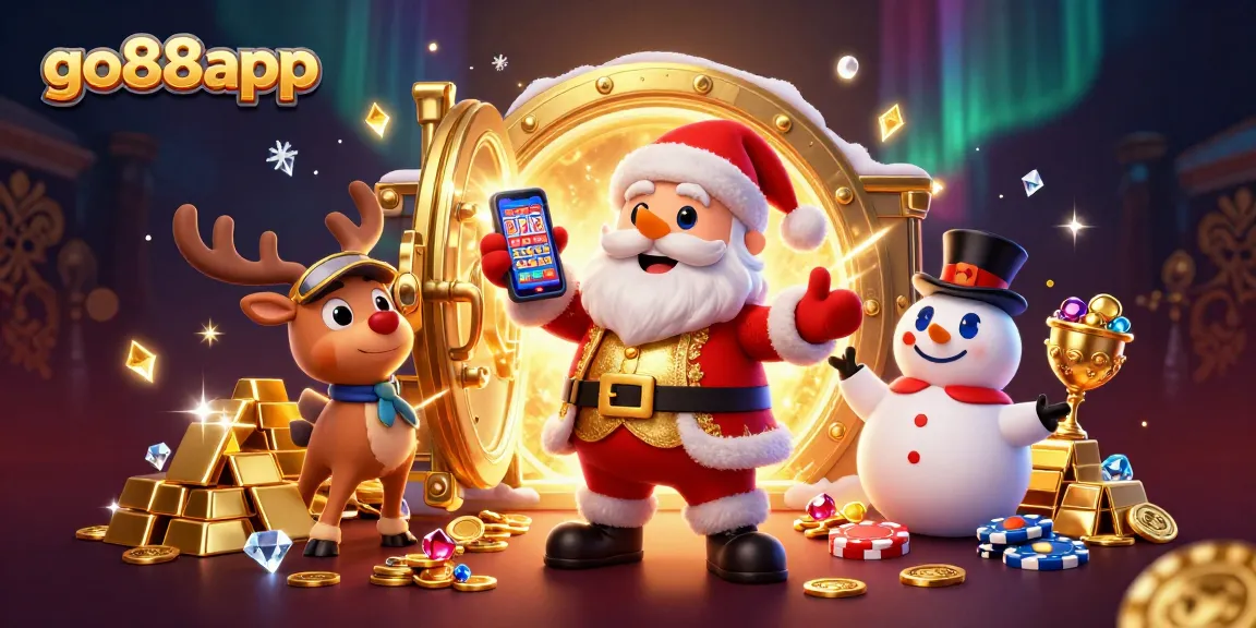 Spin to win with go88app as Santa, a reindeer, and a snowman enjoy casino treasures!
