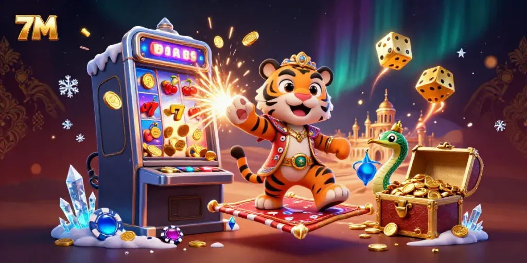 Engage with 7M's captivating 3D illustration showcasing dynamic gambling elements and characters.