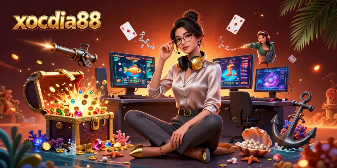 Xocdia88 offers vibrant gaming experiences with a dynamic setup showcasing casino games and treasure.