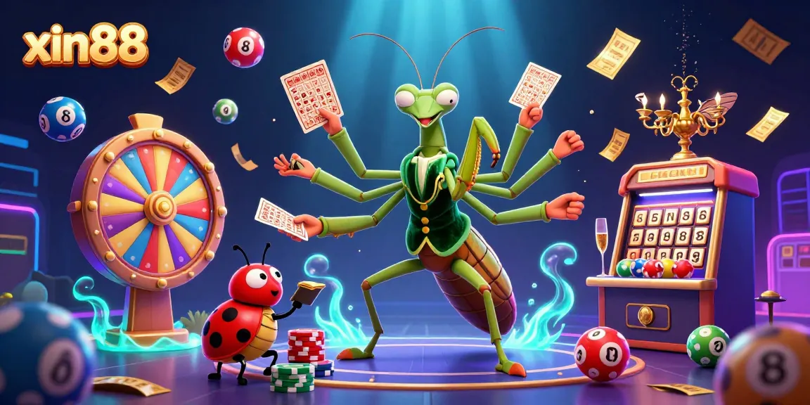 Experience the dynamic atmosphere of xin88, featuring a card sharp mantis managing a vibrant casino scene.