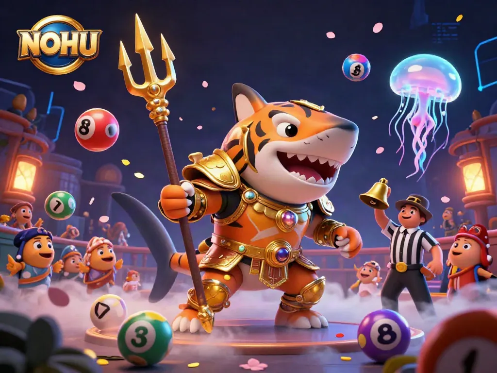 NOHU engages players with a thrilling casino scene featuring a golden gladiator shark and vibrant lottery elements.