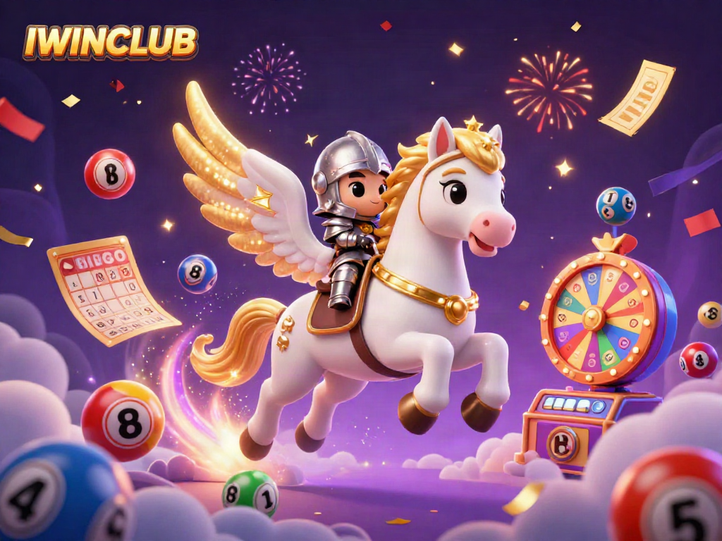 IWINCLUB promotes excitement with a 3D magical scene of a galloping horse and knight, surrounded by lottery elements.