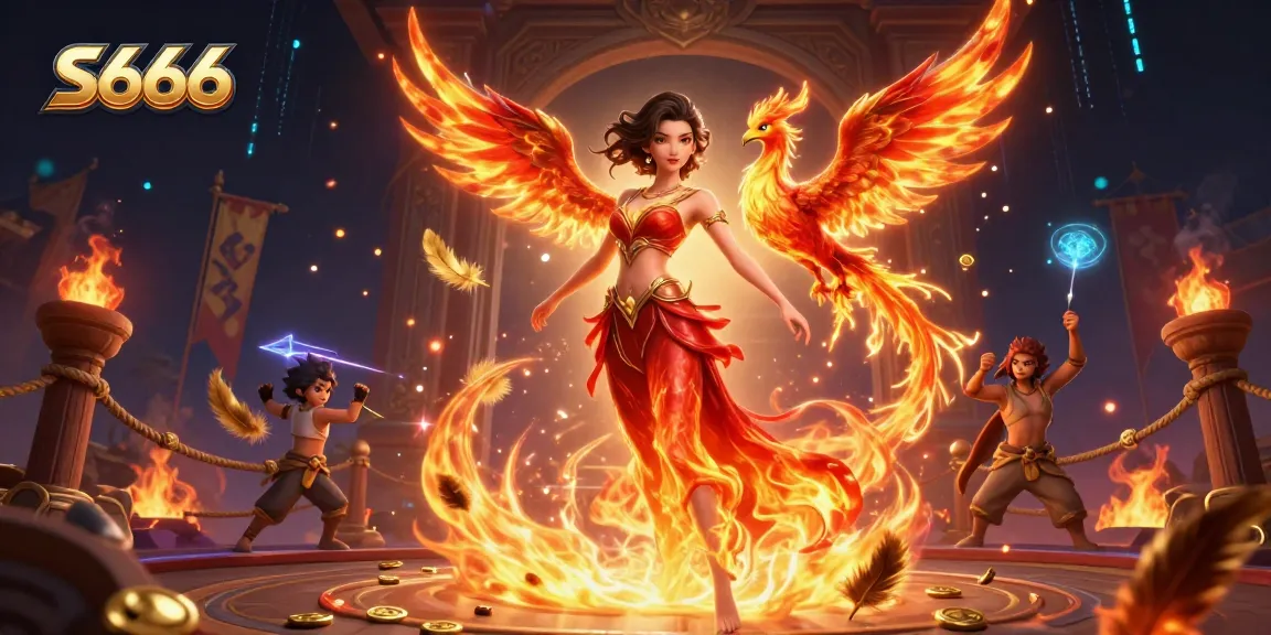 S666 casino adventure illustration featuring a vibrant Asian woman with a fiery gown, coins, and gaming atmosphere