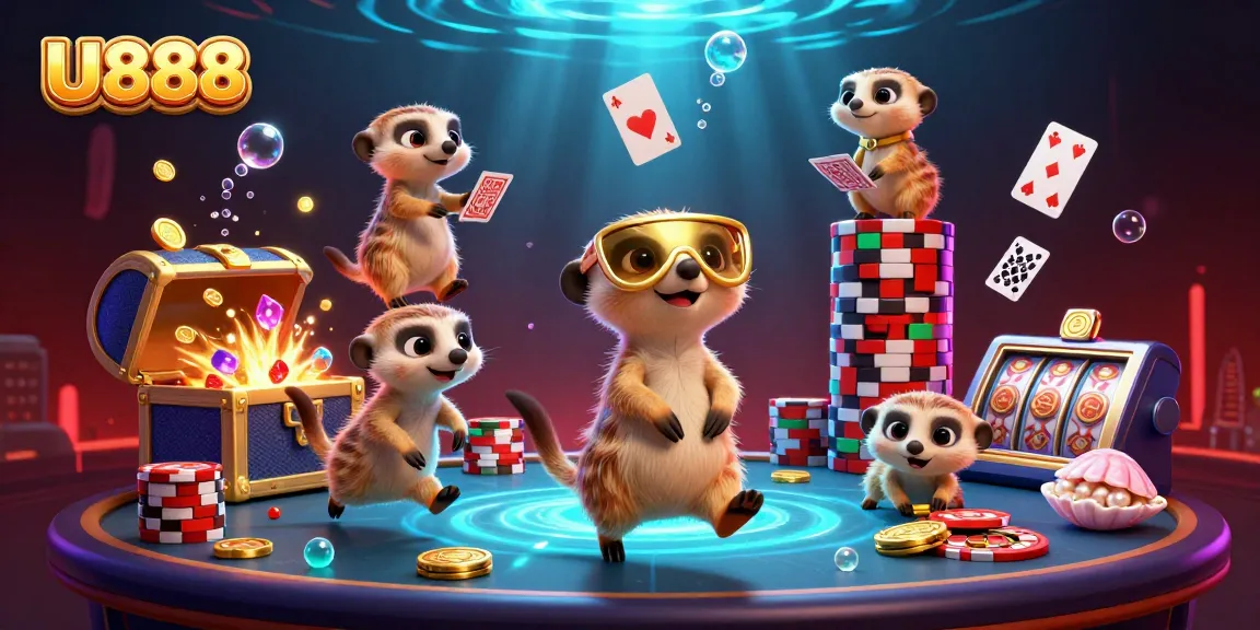 U888 casino illustration showcasing meerkats managing a vibrant gaming operation filled with treasure.
