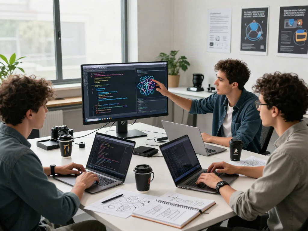 Team collaborating on nsfw ai project in a bright workspace with tech gadgets and innovative ideas.