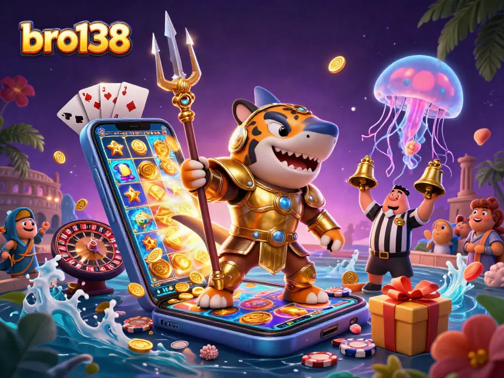 Win with bro138's vibrant 3D illustration showcasing exciting casino elements and dynamic characters.