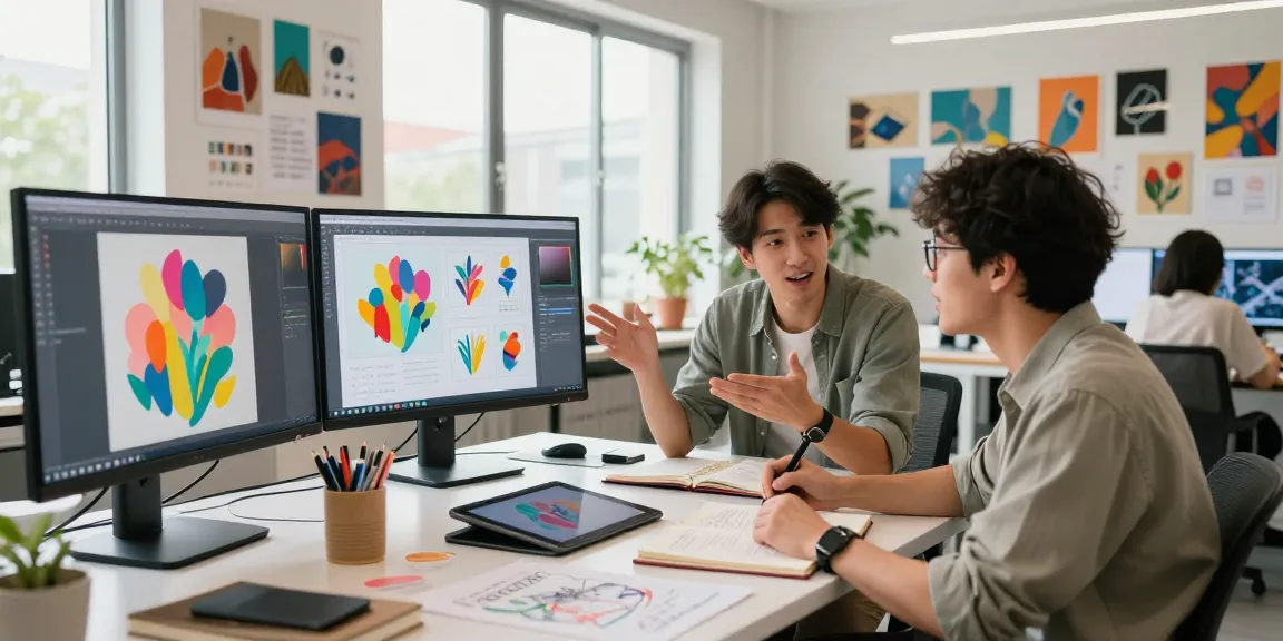 Creative workspace showcasing hot AI innovations with professionals collaborating on AI-generated art.
