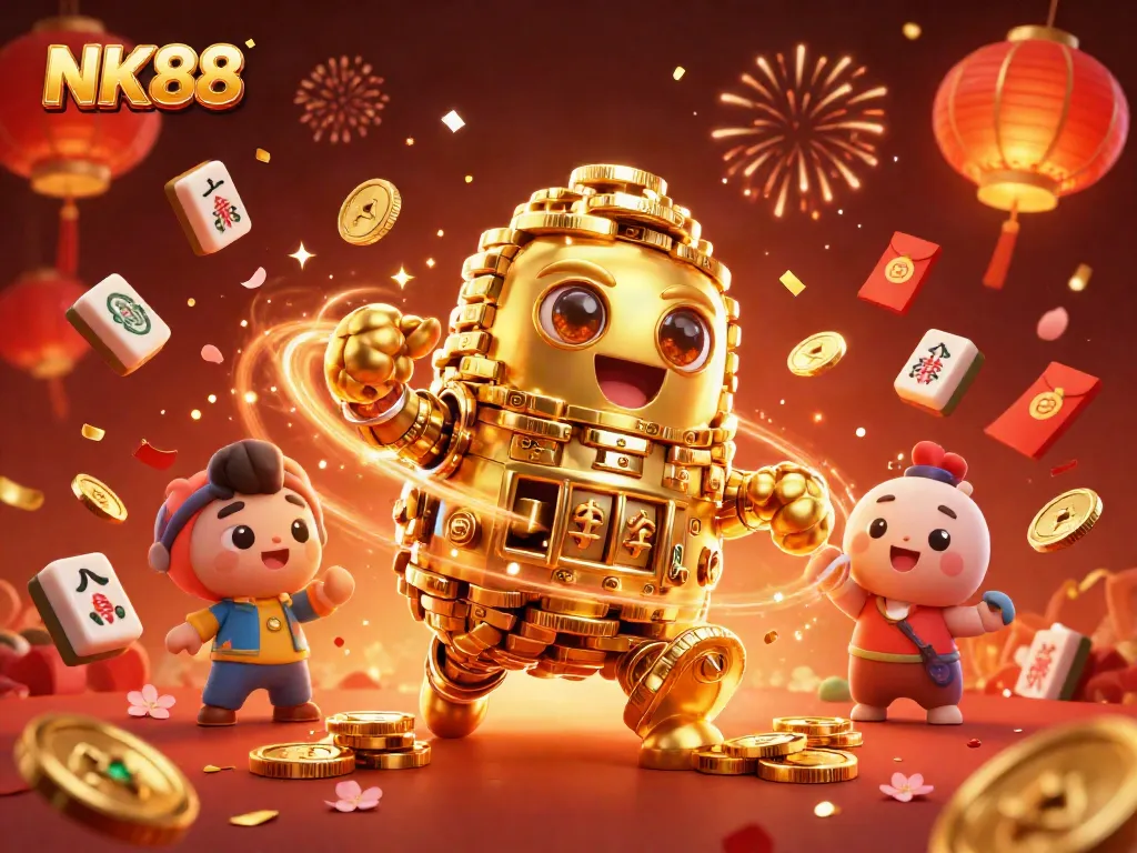 Experience the thrills of NK88 in a vibrant casino scene featuring festive elements and a golden golem.