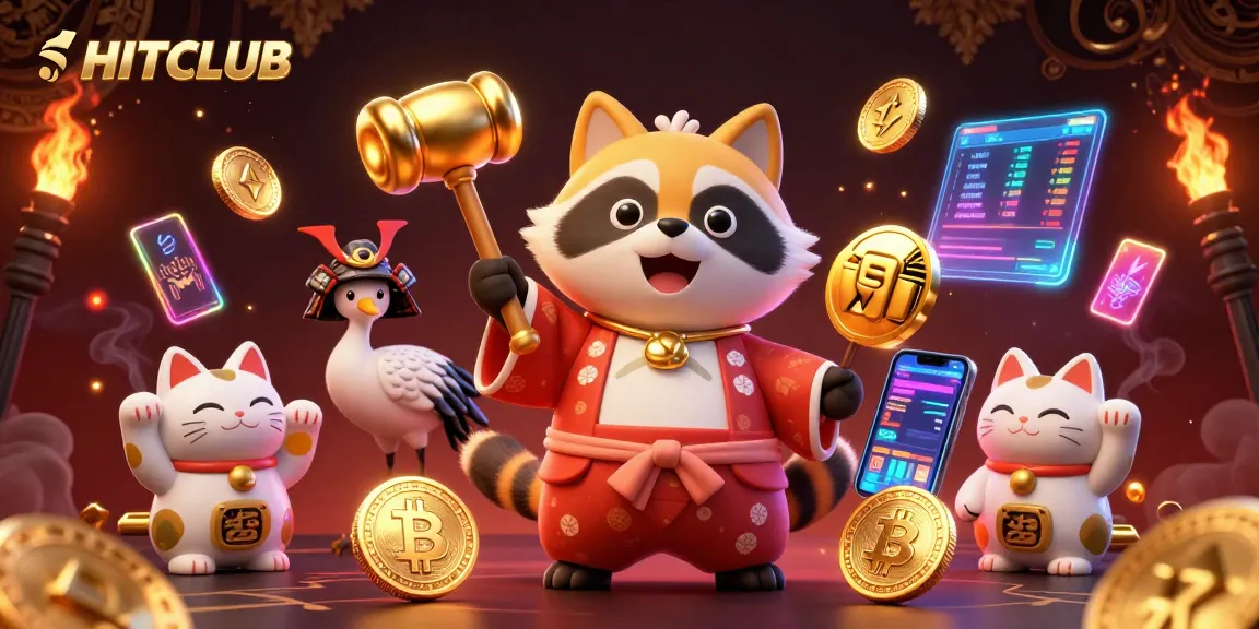 Experience HITCLUB's vibrant online gaming world with a cheerful tanuki and lucky symbols.