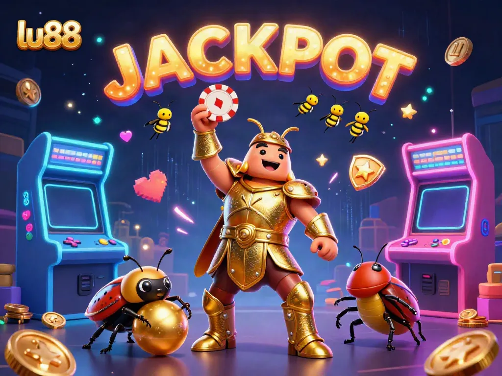 lu88 celebrates victory with a cartoon beetle in gladiator armor, surrounded by vibrant casino elements