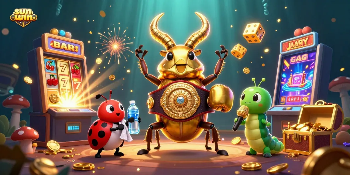 Spin the reels with sun-win, featuring a golden stag beetle boxing champion amidst a jackpot explosion.
