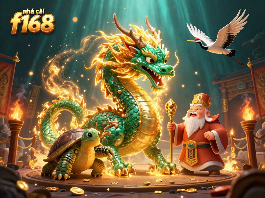 Witness the magic of nhà cái f168 with a jade dragon and sage character in an energetic casino scene.
