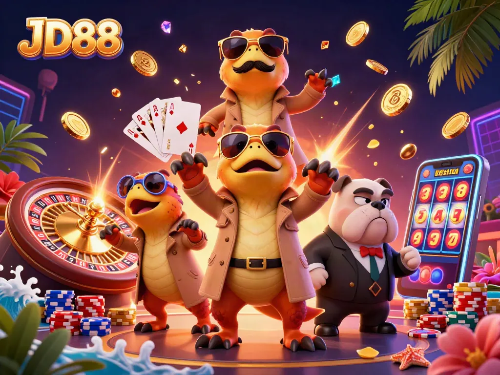 Experience thrilling JD88 casino action with animated raptors in a trench coat entering a VIP lounge.