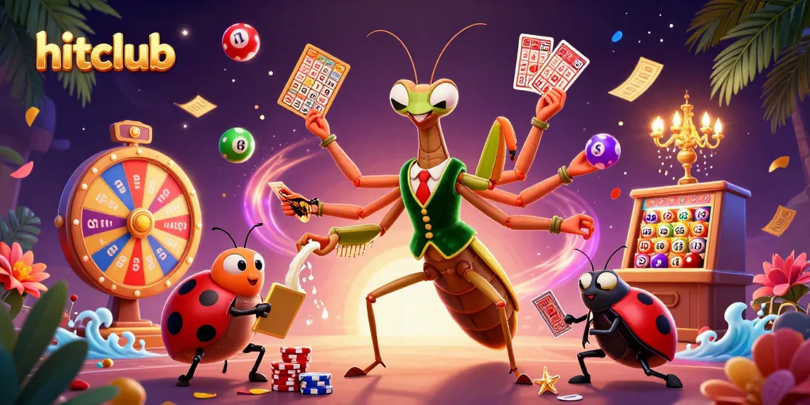 Hitclub showcases a vibrant 3D casino scene with a card sharp, ladybug pit boss, and exciting lottery elements.