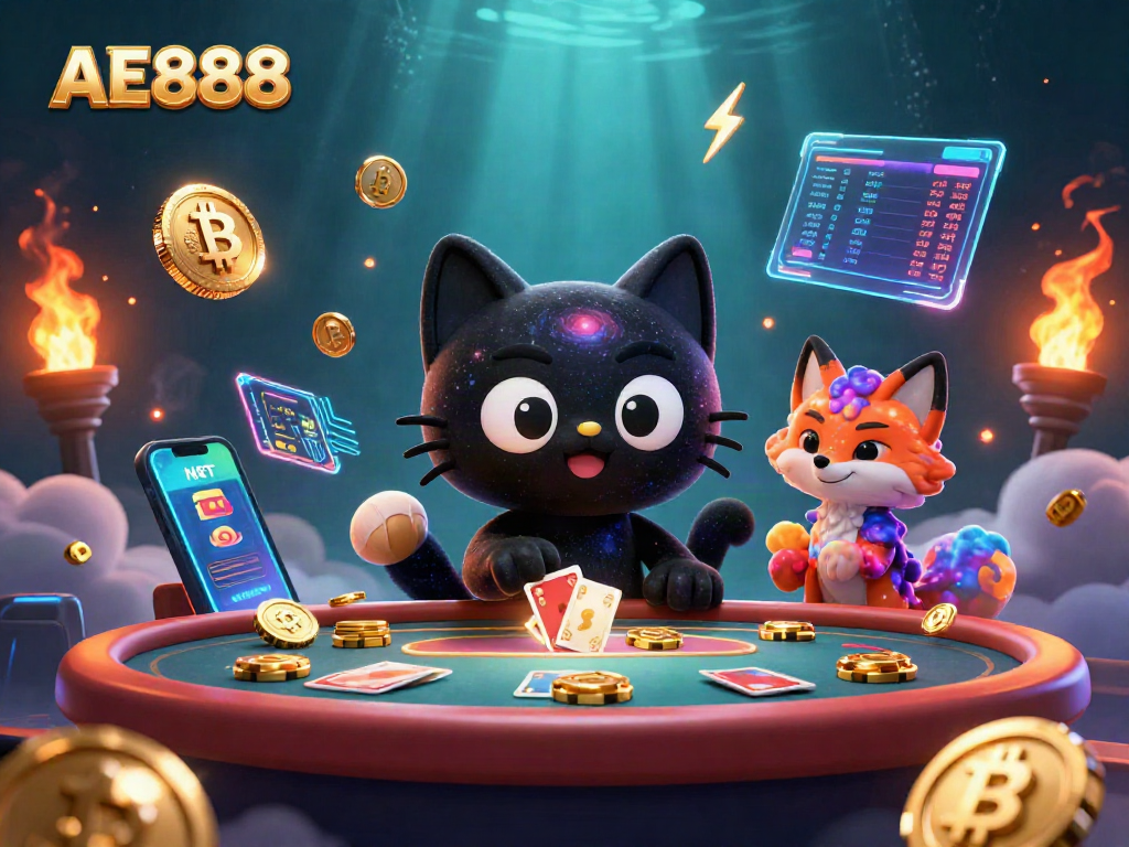 Experience the thrill of gaming at AE888 with a cosmic-inspired illustration of dynamic characters and crypto elements.
