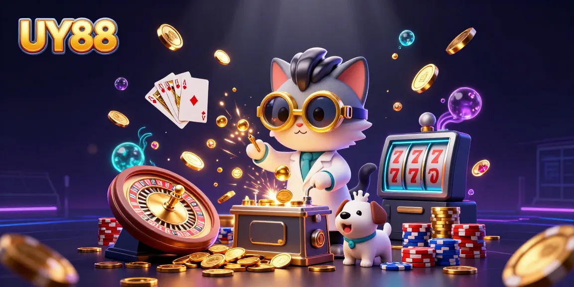 UY88 engages players with vibrant casino-themed 3D illustration featuring dynamic gambling elements