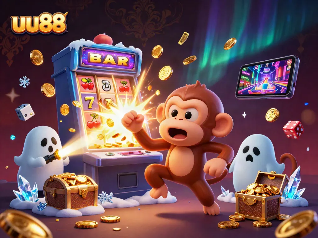 uu88 brings excitement to bettors with animated casino fun featuring slots, chips, and a juggler monkey