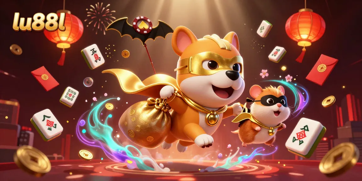 Win big with lu88l as the superhero dog soars through a vibrant casino scene filled with golden elements.