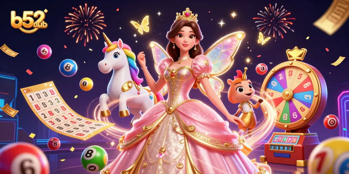 Experience thrilling games at b52club with a magical Asian princess and a golden unicorn amidst vibrant casino elements.