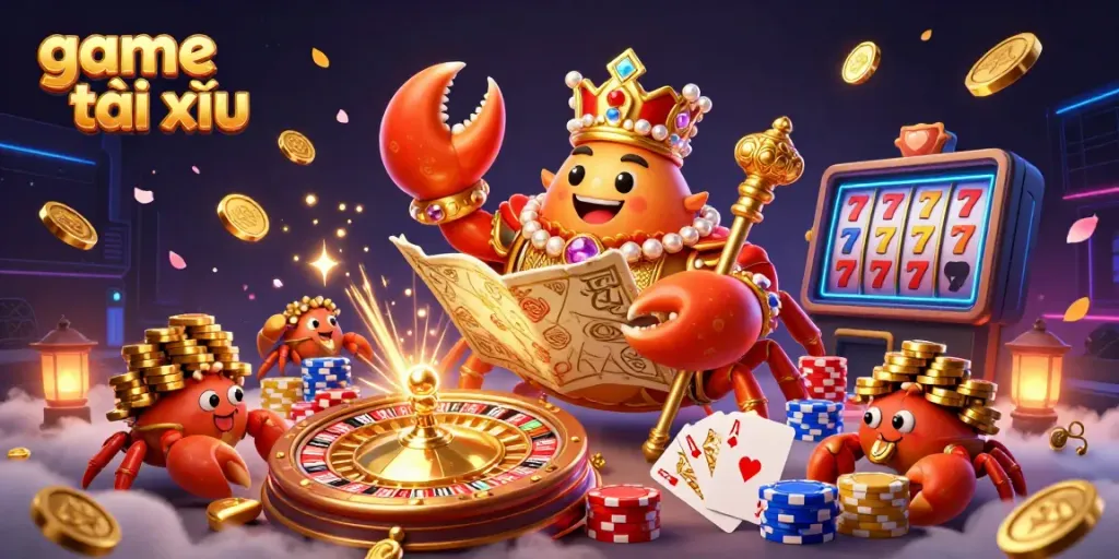 Experience the excitement of game tài xỉu as the golden crab emperor reigns over a vibrant casino scene.