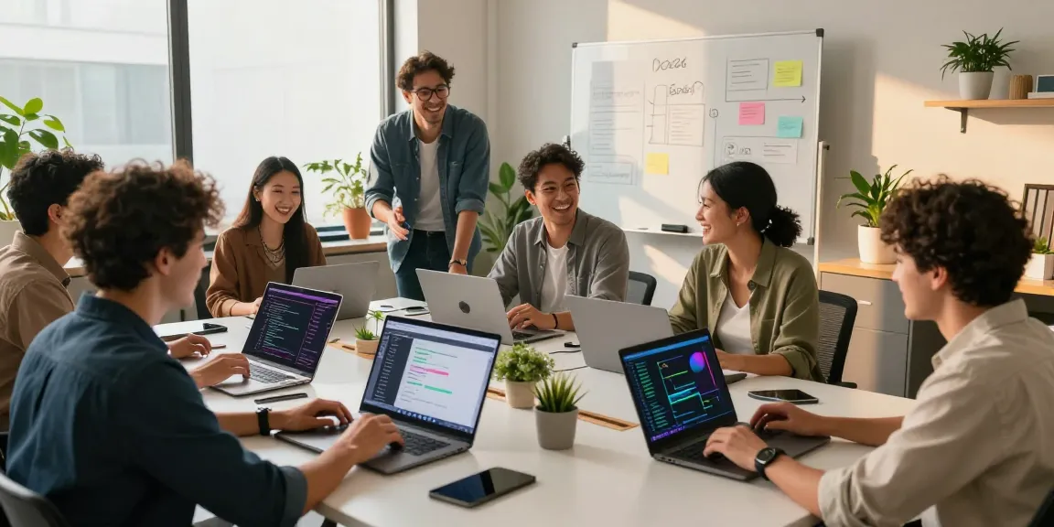 Diverse team using AI tools 2026 in a modern workspace, collaborating with laptops and coding interfaces.