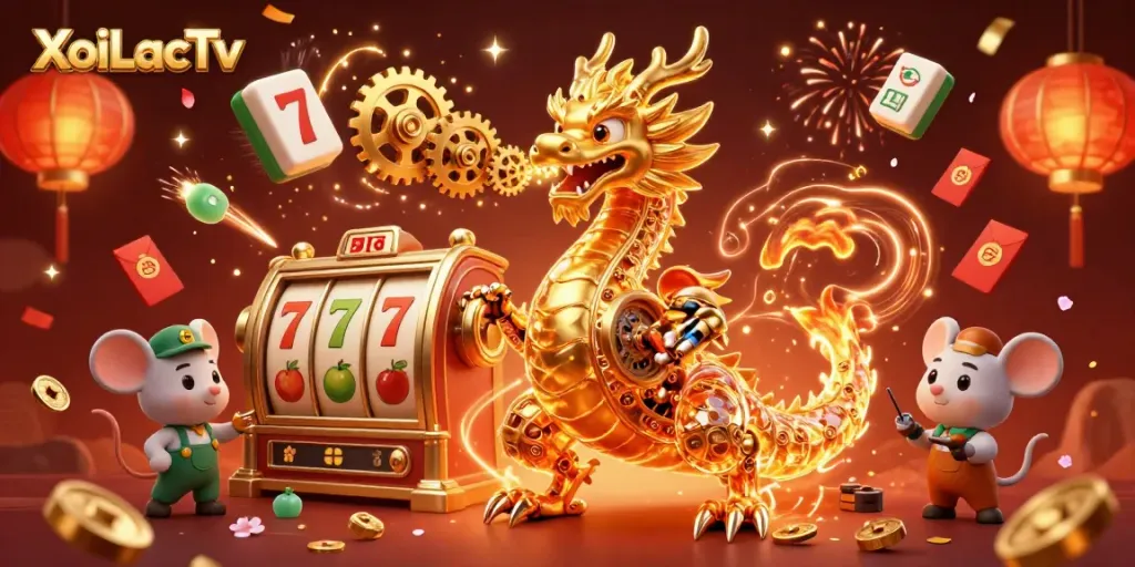 XoiLacTv shows a golden dragon surrounded by slot reels and festive elements in a vibrant casino scene.