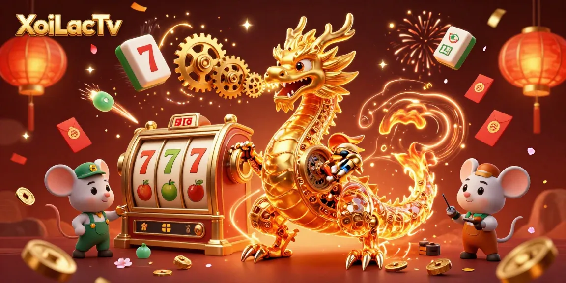 XoiLacTv shows a golden dragon surrounded by slot reels and festive elements in a vibrant casino scene.