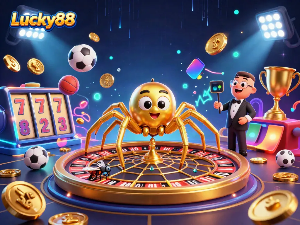 Bet on Lucky88 with a golden spider spinning a roulette wheel, surrounded by dynamic sports elements and gold coins.