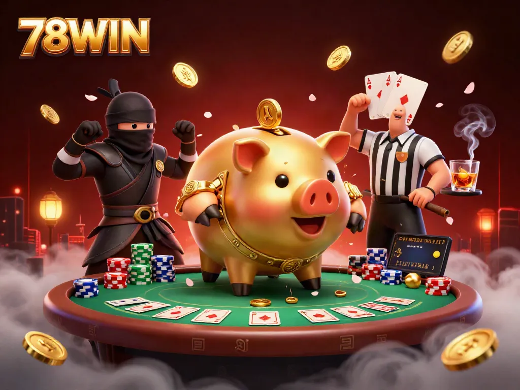 Experience the excitement of 78WIN with a dramatic 3D illustration of animated casino characters.