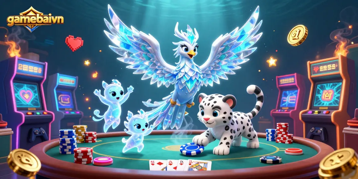 Engage in poker action with gamebaivn, featuring a vibrant illustration of poker elements.