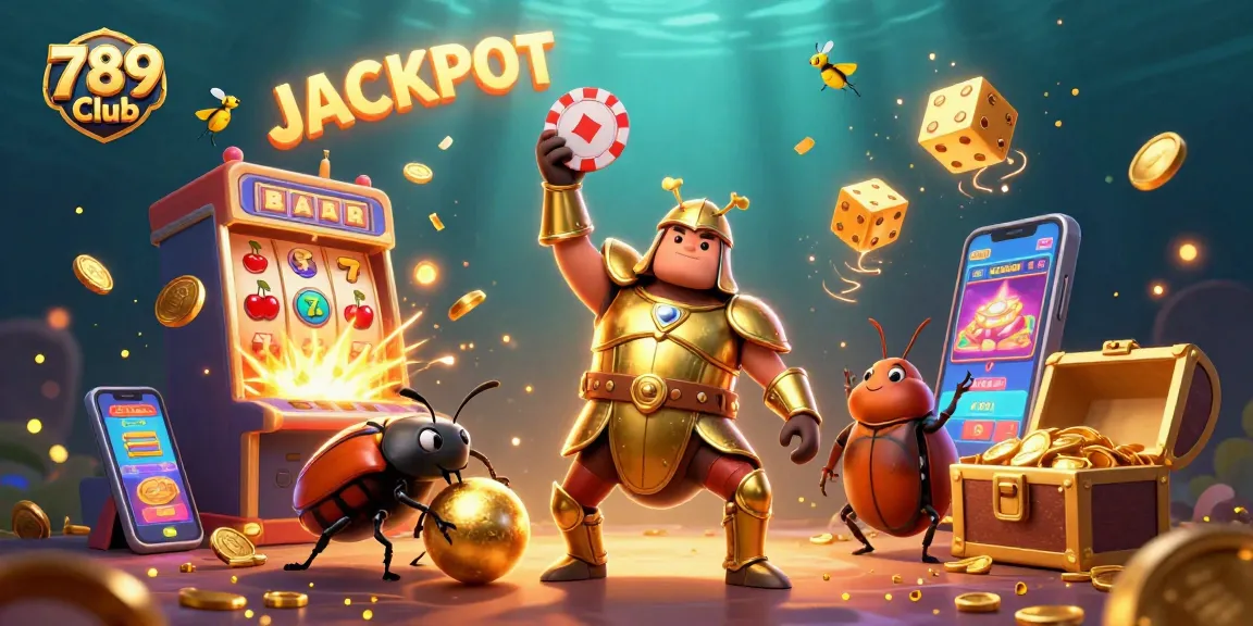 Experience the thrill of 789 Club with vibrant slot machine action and a trio of charming characters.