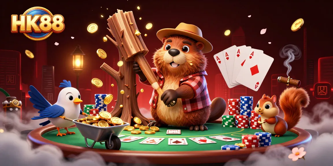 Celebrate wins with HK88 as the beaver collects golden coins from the casino treasure trees.