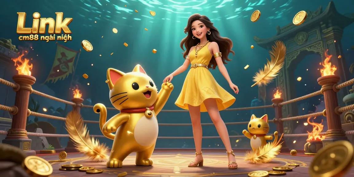 Play and win big with Link cm88 mới nhất, showcasing a cheerful woman and lucky cat in an exciting casino scene.