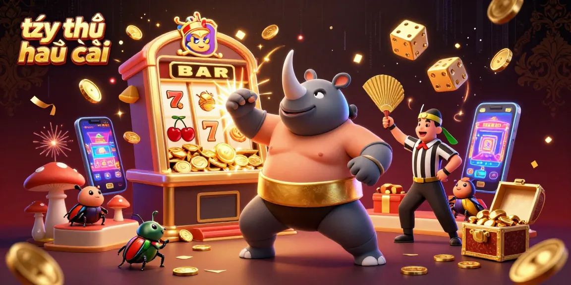 Dynamic scene showcasing tỷ lệ nhà cái with a sumo champion beetle, golden coins flying, and casino action.