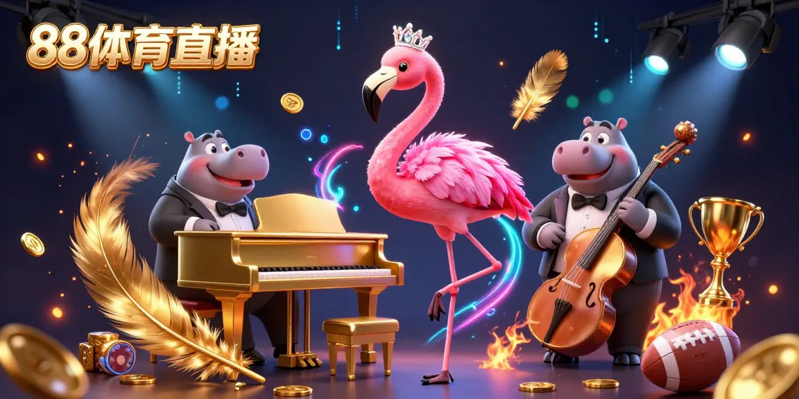 Elevate your game with 88体育直播, featuring a dazzling flamingo singer and hippo bassist in a vibrant casino scene.